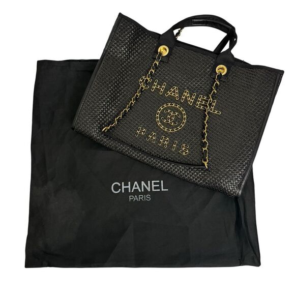 ON HOLD- Chanel Raffia Deauville Tote Bag w Gold Chain Detail - Picture 2 of 13